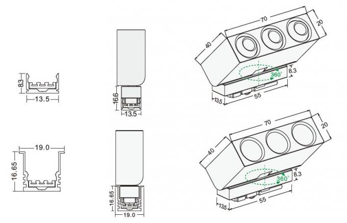 Lens Tipi veya Reflektör Tipi Mini LED Lineer Aydınlatma, 1 Ray Başlığında 3 LED'li 2