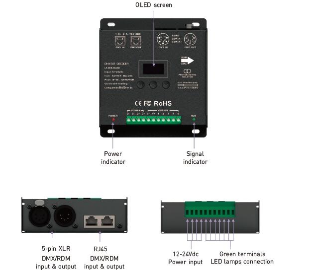 5A * 5 Kanal RGBWY LED Kontrol Cihazı Sabit Voltaj Çıkışı DMX Dekoder 5